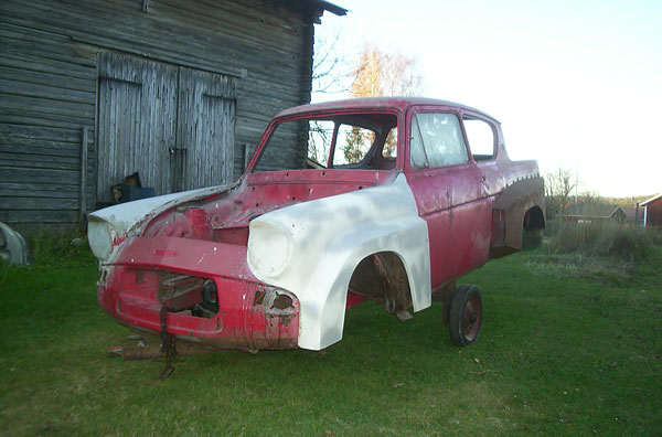 Spare body for Swedish circuit racing Anglia In a barn for thirty years